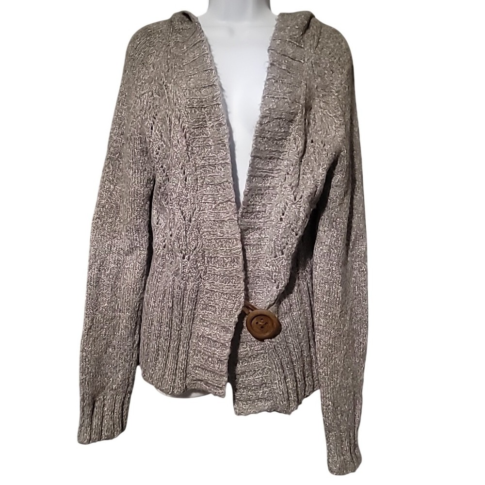 Kenji Womens Alpaca Wool Blend Hooded Cardigan Grey‎ Cable Knit Button Front L